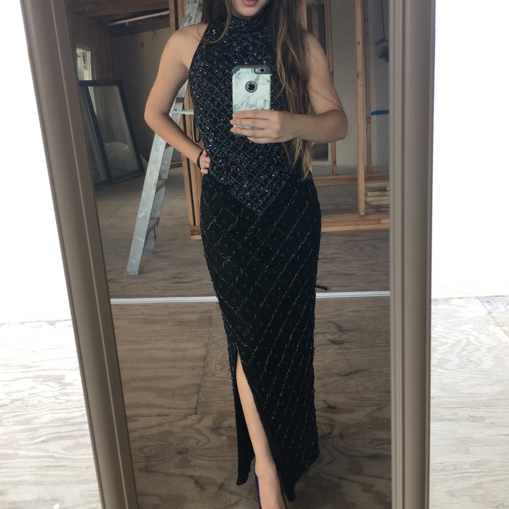 Black Beaded Halter Neck Gown